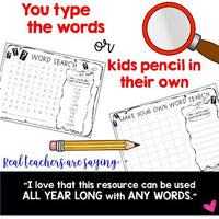 Word Search . Editable! Spelling or Sight Word Work for ANY Words . Use All Year