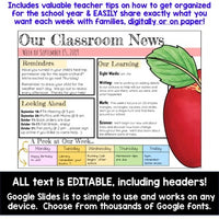 Weekly Classroom Newsletter Templates Editable Google Slides to Print or Share Digitally